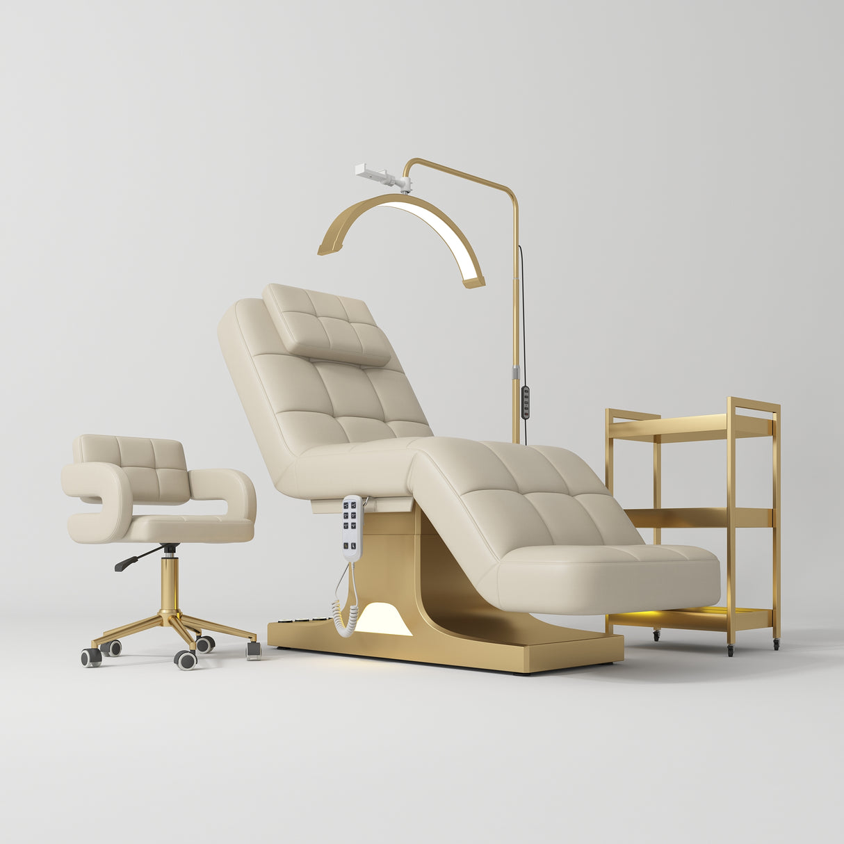 Manufakturo Saphir version A Light Brown – 4-Piece Beauty Studio Set: Luxury Bed, Chair, Lamp & Trolley