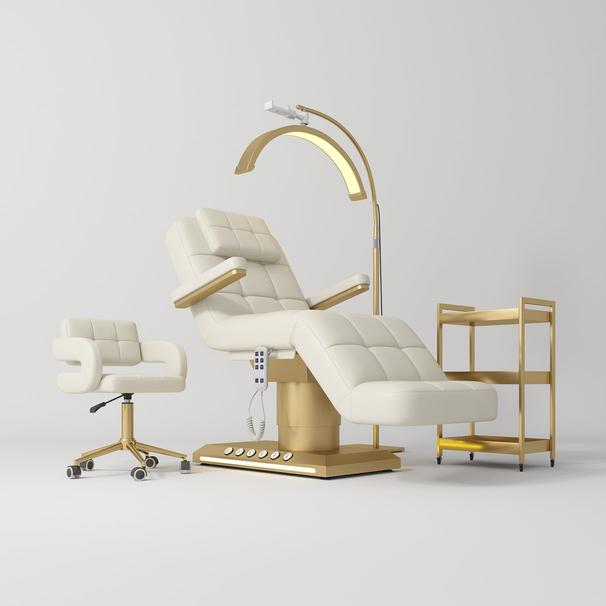 Manufakturo Saphir version B Creamy – 4-Piece Beauty Studio Set: Luxury Bed, Chair, Lamp & Trolley