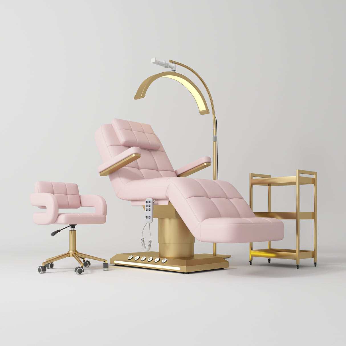 Manufakturo Saphir version B Light Pink – 4-Piece Beauty Studio Set: Luxury Bed, Chair, Lamp & Trolley