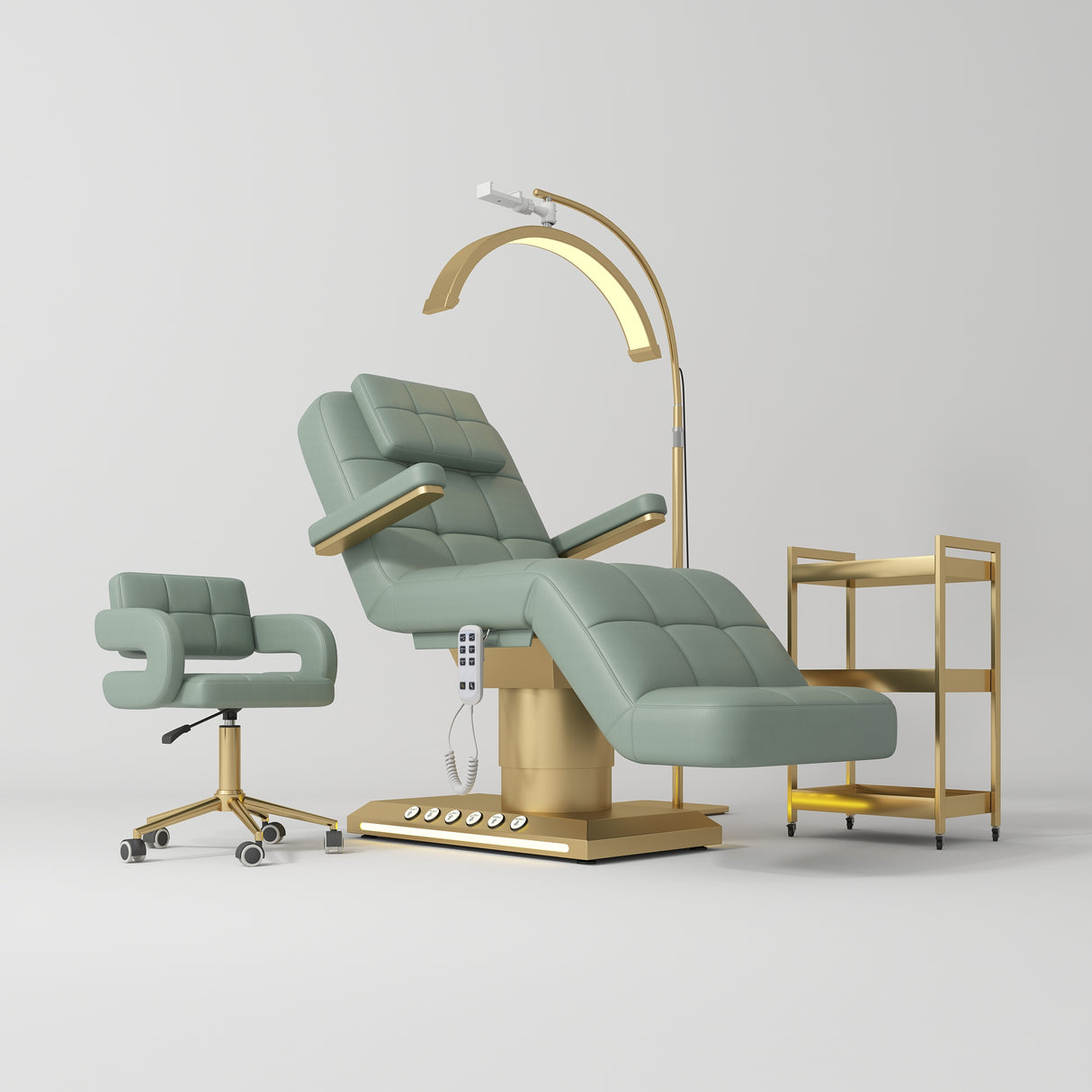 Manufakturo Saphir version B Olive – 4-Piece Beauty Studio Set: Luxury Bed, Chair, Lamp & Trolley