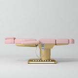 Manufakturo Aurélie beauty bed in Bare Blush with gold-finished base, flat side view.