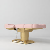 Manufakturo Aurélie beauty bed in Bare Blush with gold-finished base, flat low-angle view.