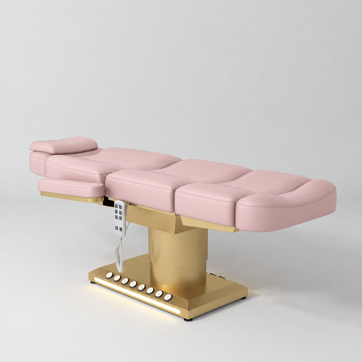 Manufakturo Aurélie beauty bed in Bare Blush with gold-finished base, flat view from above at an angle.