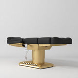 Manufakturo Aurélie beauty bed in Black with gold-finished base, flat low-angle view.