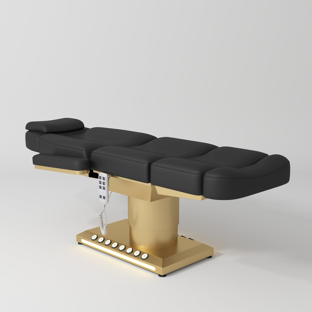 Manufakturo Aurélie beauty bed in Black with gold-finished base, flat view from above at an angle.