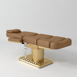 Manufakturo Aurélie beauty bed in Caramel with gold-finished base, flat view from above at an angle.