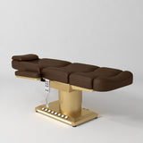 Manufakturo Aurélie beauty bed in Cocoa Mocha with gold-finished base, flat view from above at an angle.