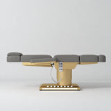 Manufakturo Aurélie beauty bed in Deep Ash with gold-finished base, flat side view.