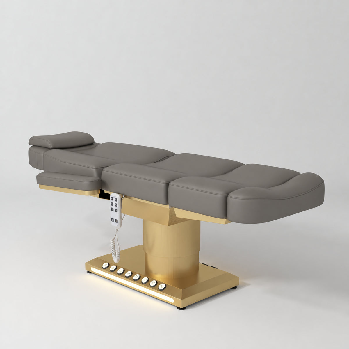 Manufakturo Aurélie beauty bed in Deep Ash with gold-finished base, flat view from above at an angle.