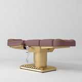 Manufakturo Aurélie beauty bed in Dusty Rose with gold-finished base, flat low-angle view.