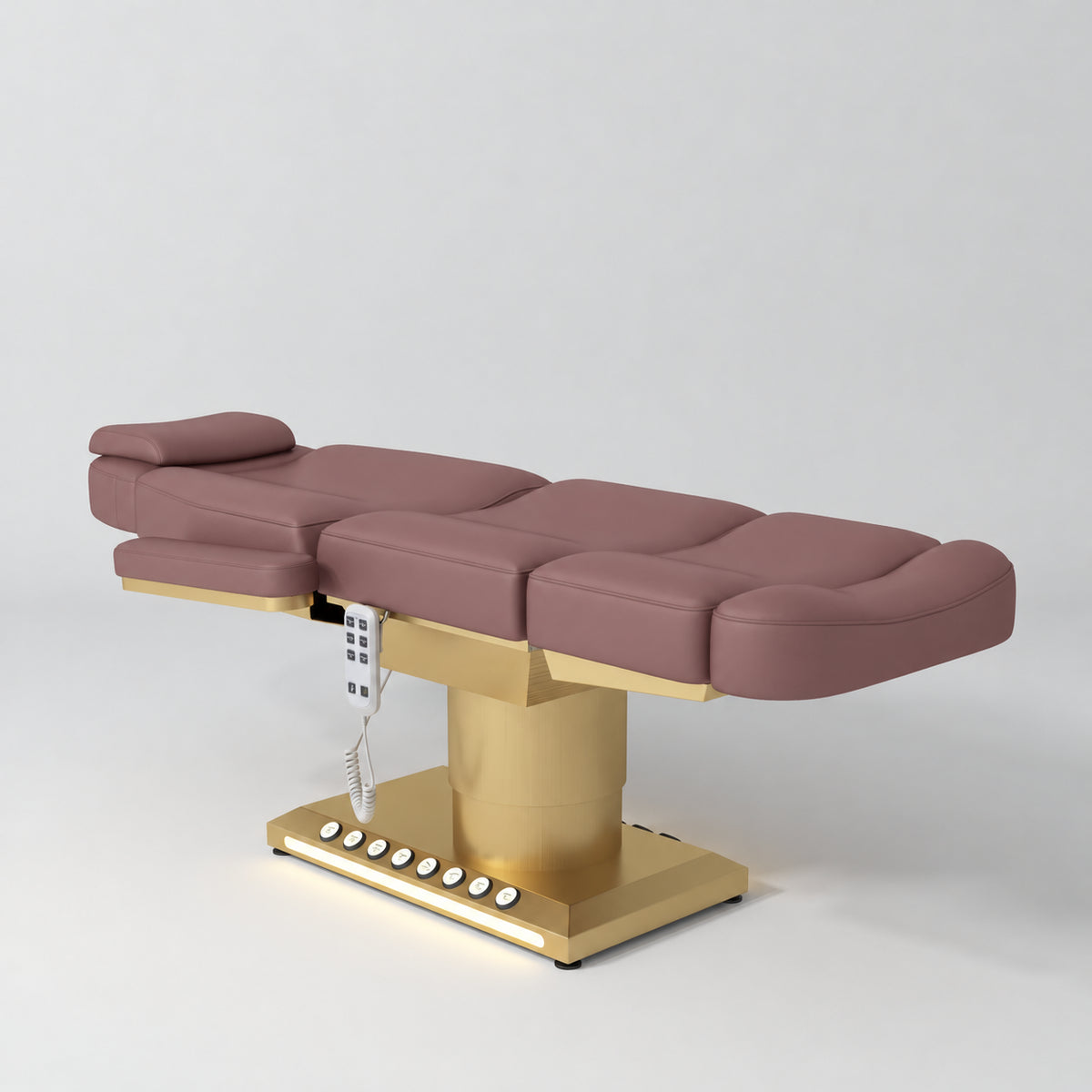 Manufakturo Aurélie beauty bed in Dusty Rose with gold-finished base, flat view from above at an angle.