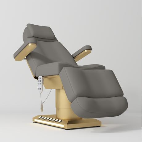 Manufakturo Aurélie beauty bed in Deep Ash with gold-finished base, reclined front three-quarter view.