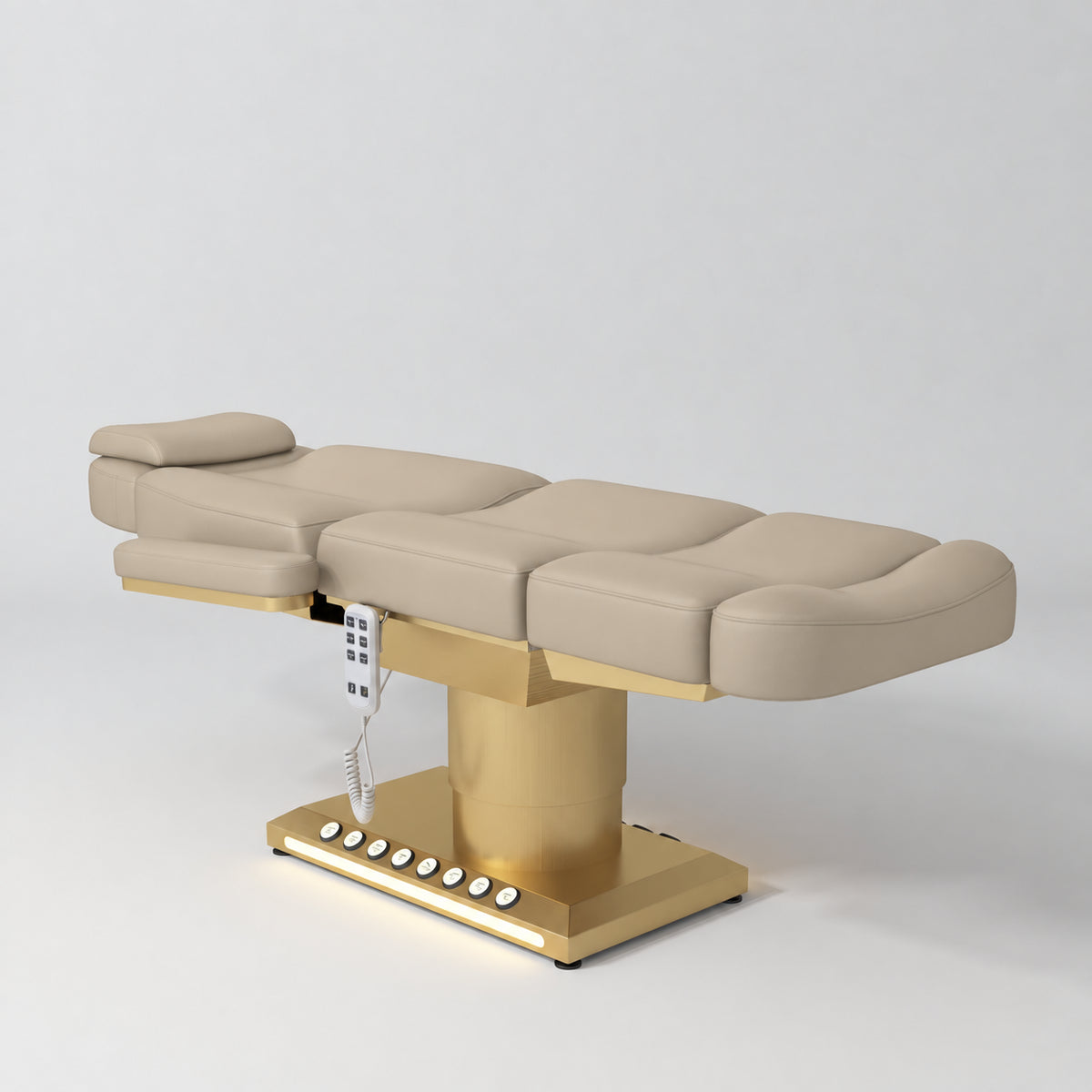 Manufakturo Aurélie beauty bed in Warm Beige with gold-finished base, flat view from above at an angle.