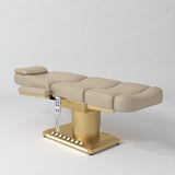 Manufakturo Aurélie beauty bed in Warm Beige with gold-finished base, flat view from above at an angle.