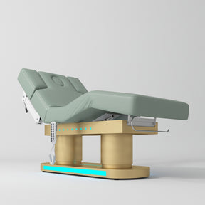 An adjustable medical examination table with a pale sage green padded surface and a gold-colored metal support frame, shown on a light gray studio background.