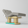 An electric medical examination table with a grey padded examination bed on a gold metal frame, shown against a light gray studio background.
