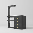 Manufakturo ManiMuse manicure desk with a Black body, white top, overhead light and four drawers