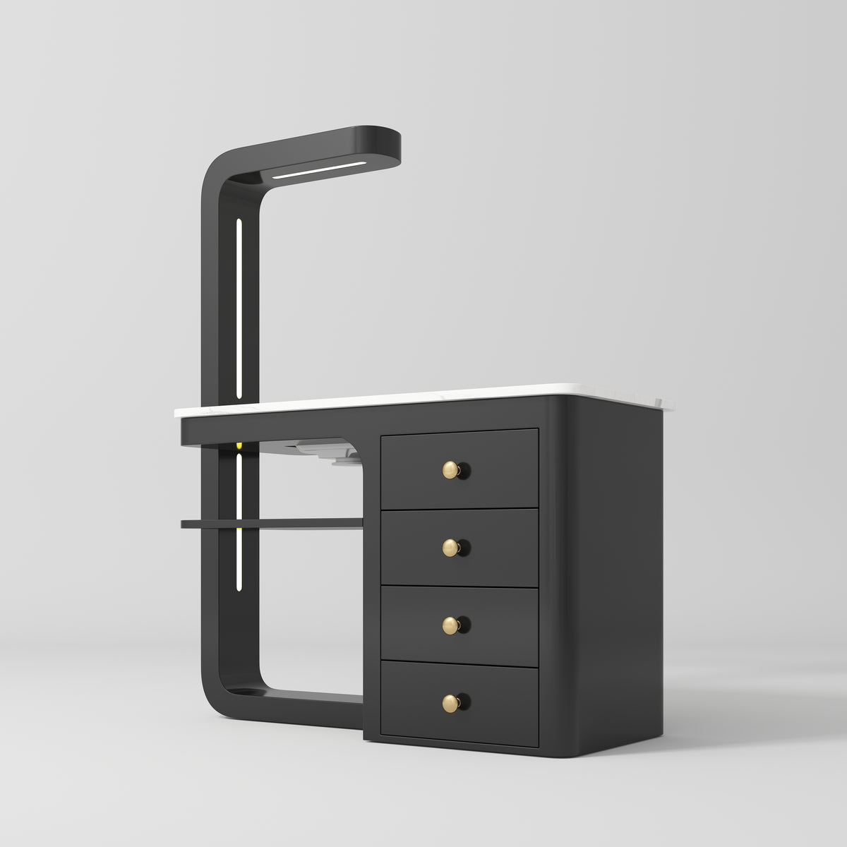 Manufakturo ManiMuse manicure desk with a Black body, white top, overhead light and four drawers