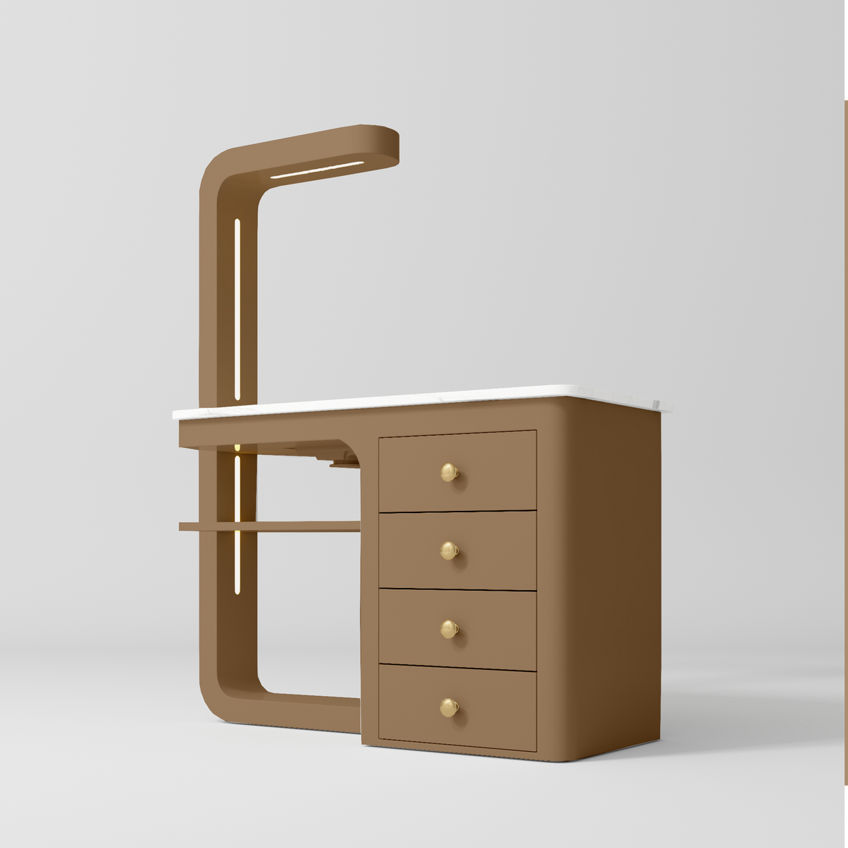 Manufakturo ManiMuse manicure desk with a Caramel body, white top, overhead light and four drawers