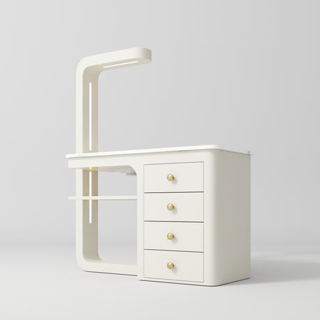 Manufakturo ManiMuse manicure desk with a Creamy body, white top, overhead light and four drawers