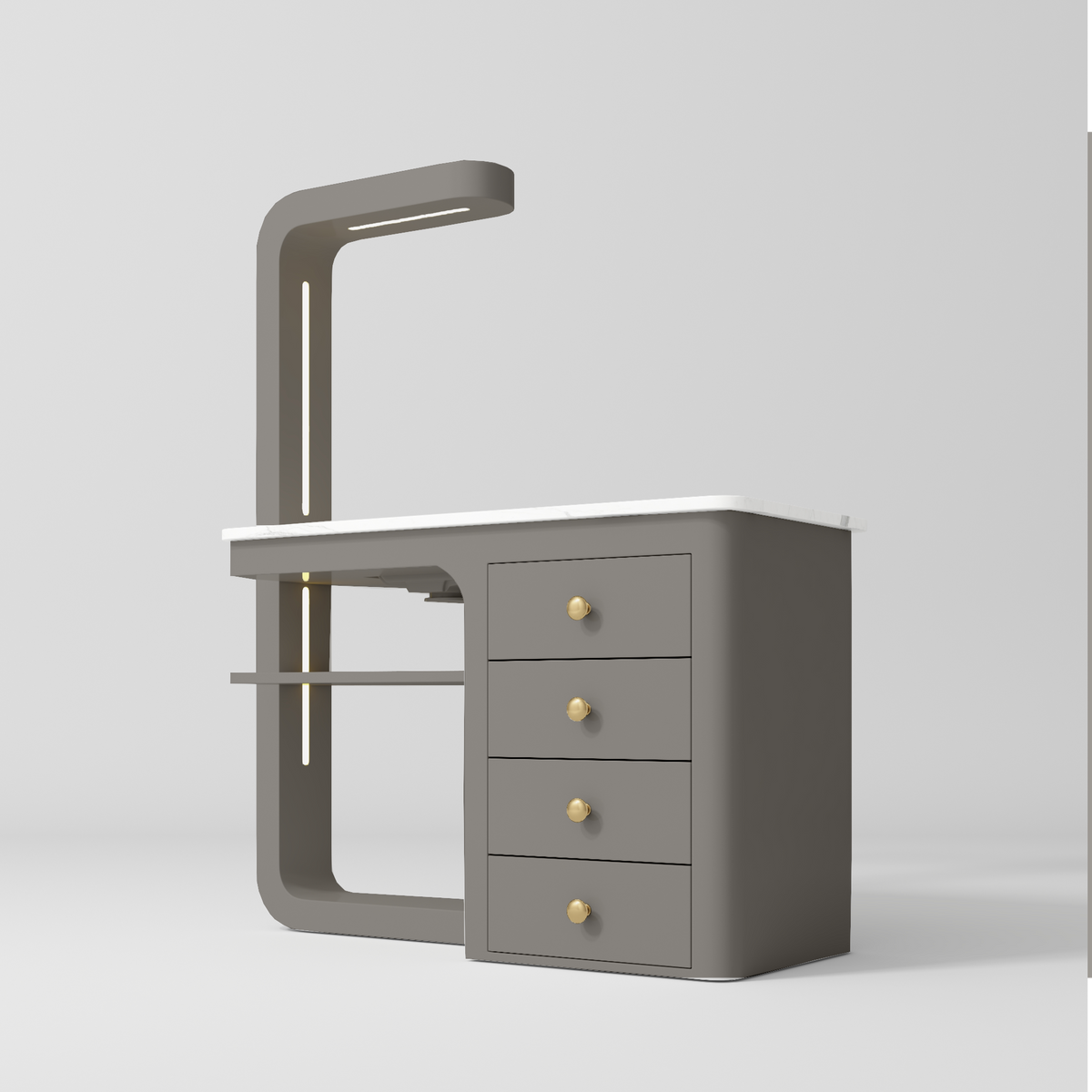 Manufakturo ManiMuse manicure desk with a Deep Ash body, white top, overhead light and four drawers