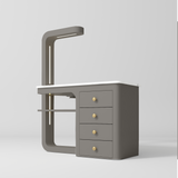Manufakturo ManiMuse manicure desk with a Deep Ash body, white top, overhead light and four drawers