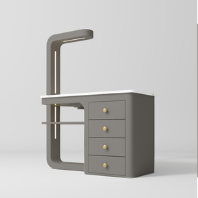 Manufakturo ManiMuse manicure desk with a Deep Ash body, white top, overhead light and four drawers