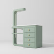 Manufakturo ManiMuse manicure desk with an Olive body, white top, overhead light and four drawers