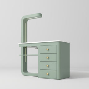 Manufakturo ManiMuse manicure desk with an Olive body, white top, overhead light and four drawers
