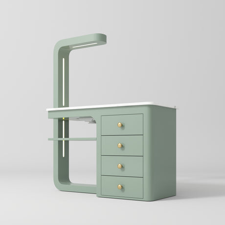 Manufakturo ManiMuse manicure desk with an Olive body, white top, overhead light and four drawers