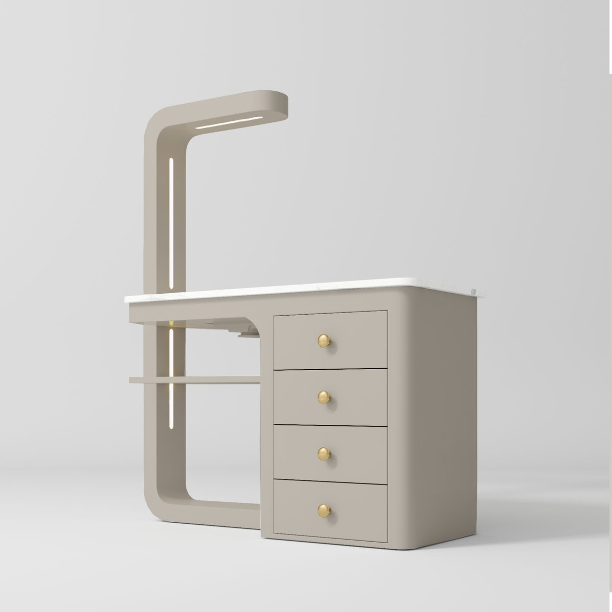 Manufakturo ManiMuse manicure desk with a Stone Taupe body, white top, overhead light and four drawers