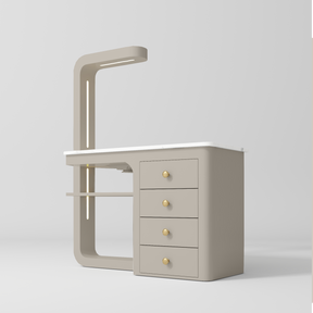 Manufakturo ManiMuse manicure desk with a Stone Taupe body, white top, overhead light and four drawers
