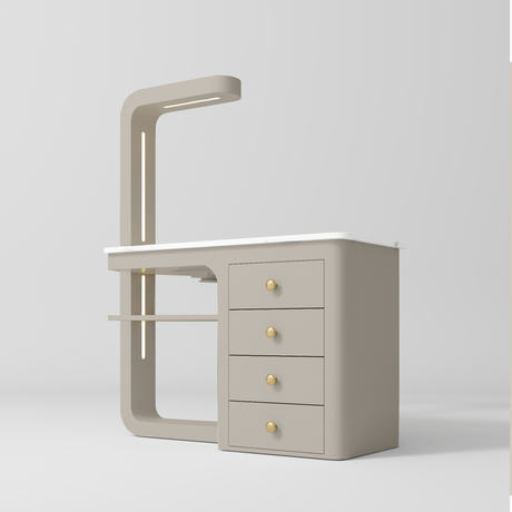 Manufakturo ManiMuse manicure desk with a Stone Taupe body, white top, overhead light and four drawers