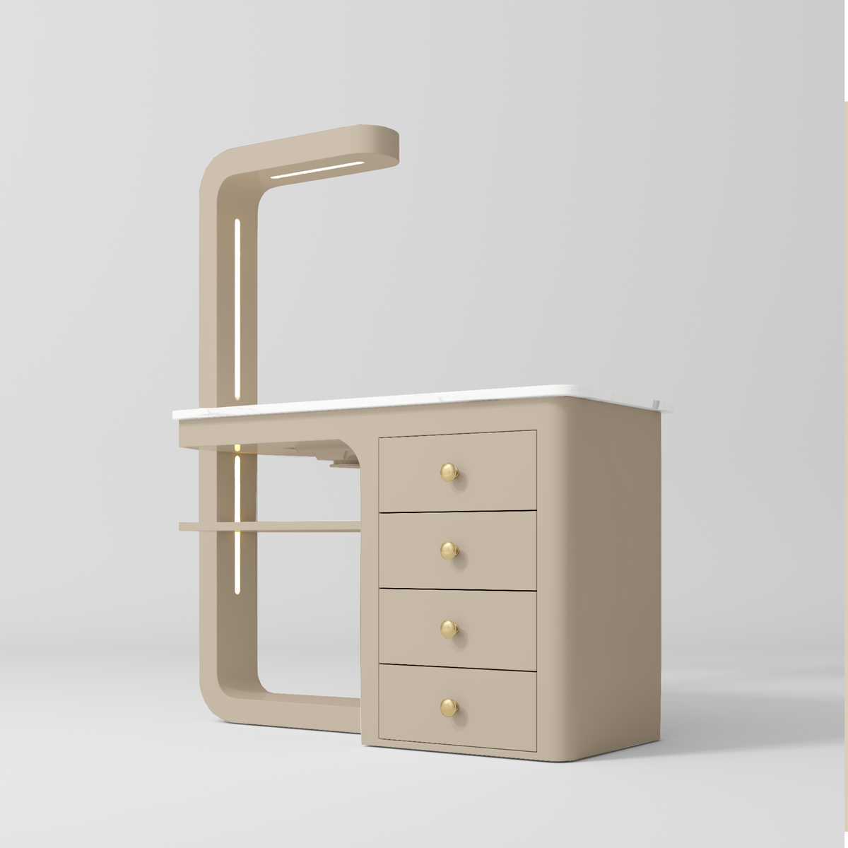 Manufakturo ManiMuse manicure desk with a Warm Beige body, white top, overhead light and four drawers