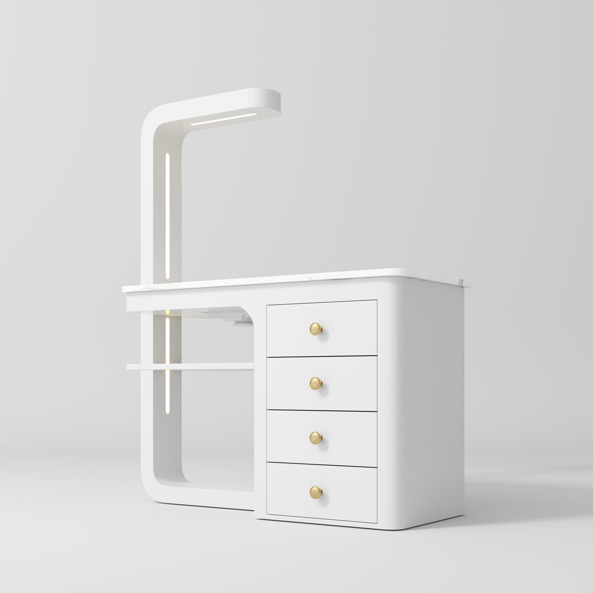 Manufakturo ManiMuse manicure desk with a White body, white top, overhead light and four drawers