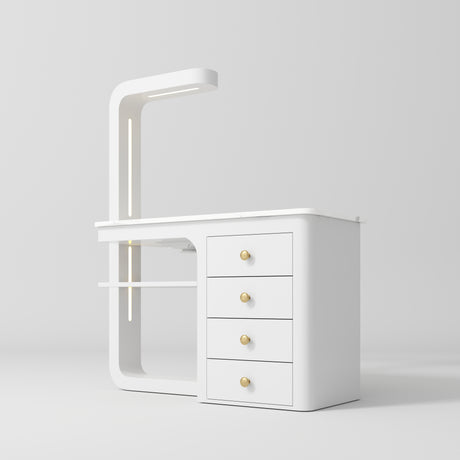 Manufakturo ManiMuse manicure desk with a White body, white top, overhead light and four drawers
