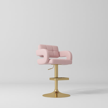 Manufakturo Mirae bar stool in Bare Blush with a panelled backrest, upholstered armrests and a gold-finished pedestal base and footrest