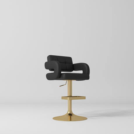 Manufakturo Mirae bar stool in Black with a panelled backrest, upholstered armrests and a gold-finished pedestal base and footrest
