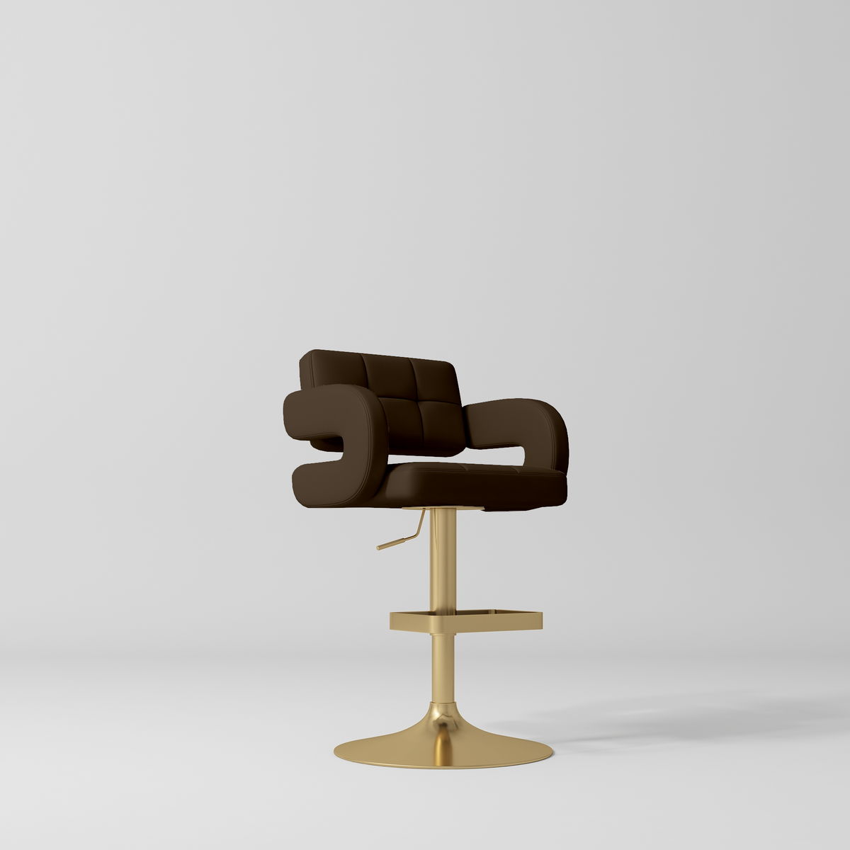 Manufakturo Mirae bar stool in Cocoa Mocha with a panelled backrest, upholstered armrests and a gold-finished pedestal base and footrest