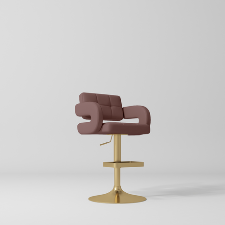 Manufakturo Mirae bar stool in Dusty Rose with a panelled backrest, upholstered armrests and a gold-finished pedestal base and footrest