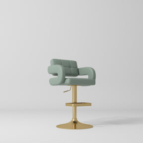 Manufakturo Mirae bar stool in Olive with a panelled backrest, upholstered armrests and a gold-finished pedestal base and footrest