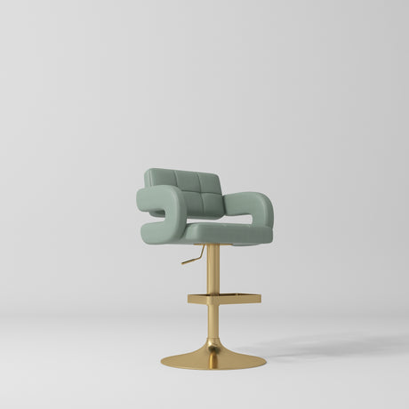 Manufakturo Mirae bar stool in Olive with a panelled backrest, upholstered armrests and a gold-finished pedestal base and footrest