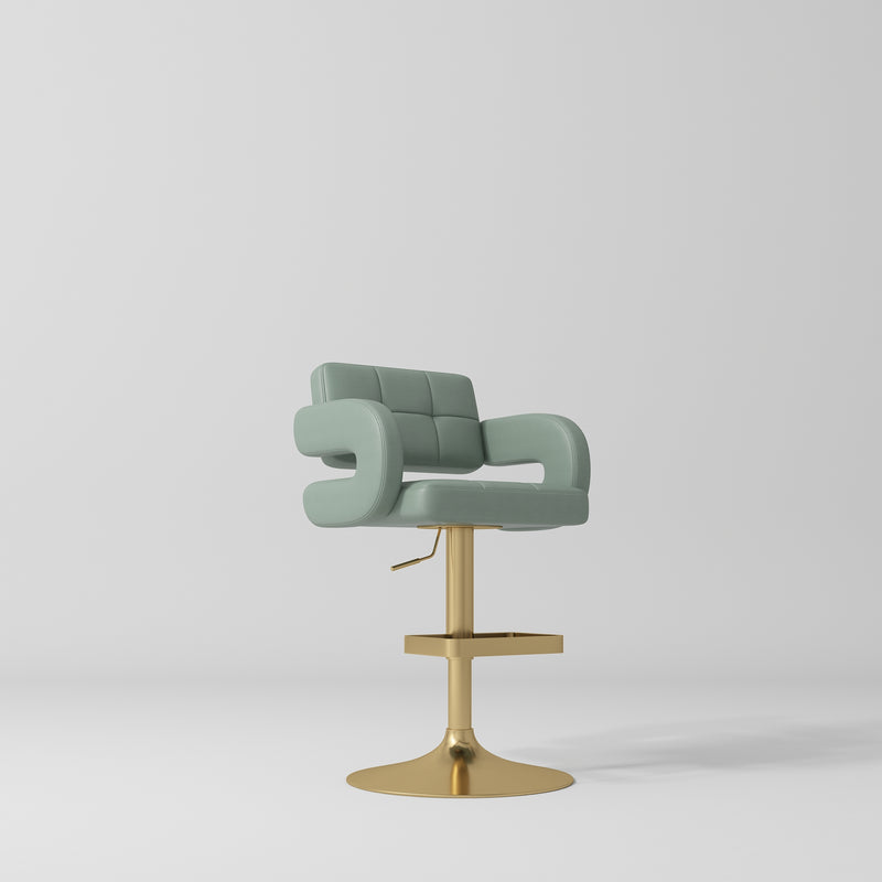 Manufakturo Mirae bar stool in Olive with a panelled backrest, upholstered armrests and a gold-finished pedestal base and footrest