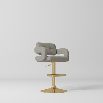Manufakturo Mirae bar stool in Pearl Greige with a panelled backrest, upholstered armrests and a gold-finished pedestal base and footrest