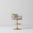 Manufakturo Mirae bar stool in Stone Taupe with a panelled backrest, upholstered armrests and a gold-finished pedestal base and footrest