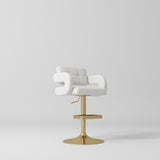 Manufakturo Mirae bar stool in White with a panelled backrest, upholstered armrests and a gold-finished pedestal base and footrest