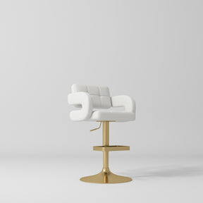 Manufakturo Mirae bar stool in White with a panelled backrest, upholstered armrests and a gold-finished pedestal base and footrest