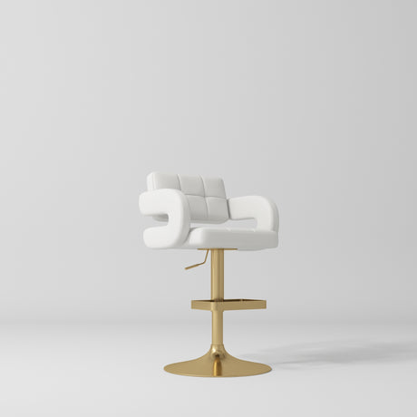 Manufakturo Mirae bar stool in White with a panelled backrest, upholstered armrests and a gold-finished pedestal base and footrest