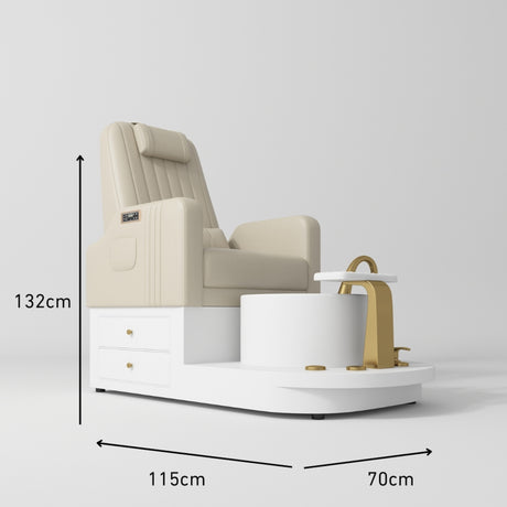 Manufakturo Noémie Light Brown Luxury Electric Pedicure Chair – Massage Backrest, Gold Tap, USB-C, Ceramic Basin