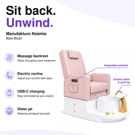 Manufakturo Noémie Bare Blush electric pedicure chair – massage backrest, electric recline, USB-C charging and water jet; exterior armrest controls and empty ceramic basin